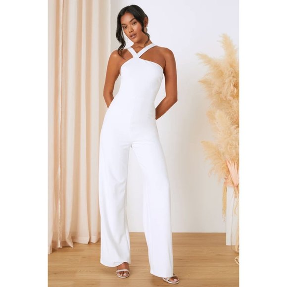 Lulus Iconic Impulse Backless Wide Leg Jumpsuit w/Split Halter Neck Straps White - Picture 2 of 6
